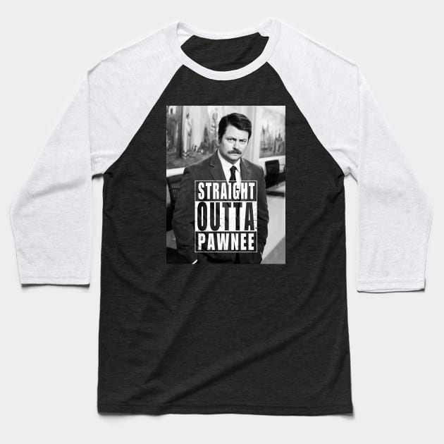 Straight Outta Pawnee Baseball T-Shirt by Huemanitee